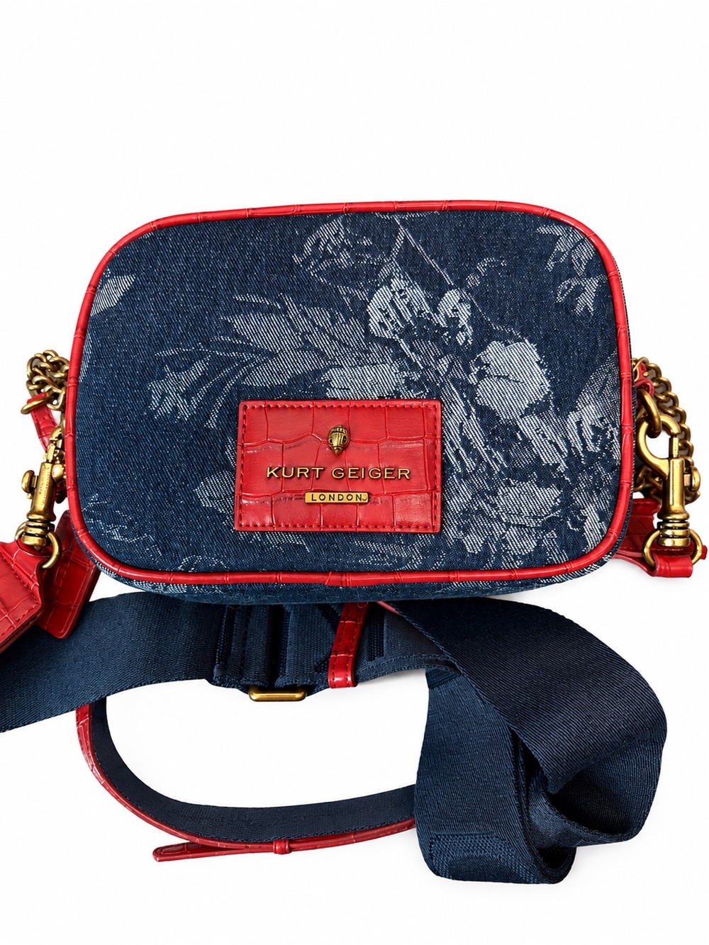 Kurt Geiger Navy Denim Floral Crossbody with Red Croc Trim - Picture 1 of 6